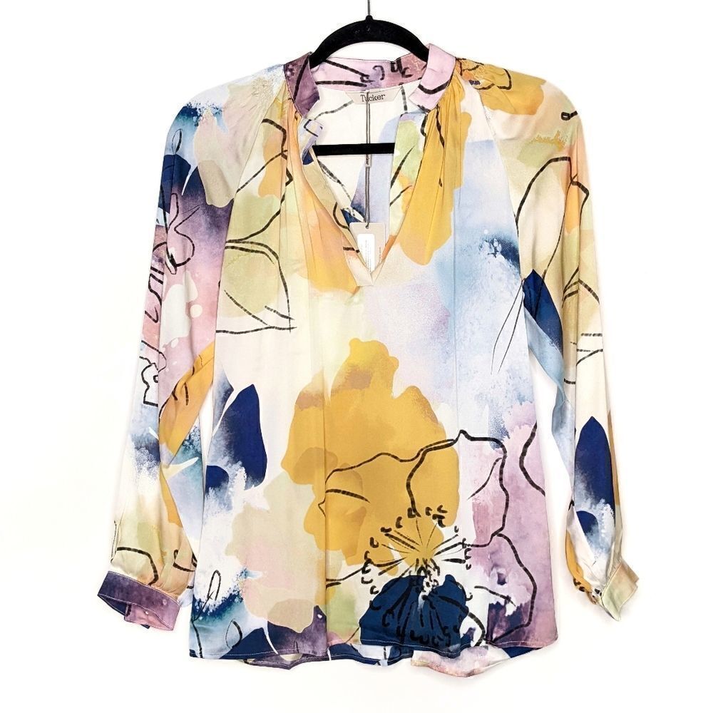 Tucker Long Sleeve Polo Blouse Watercolor Dream in Stretch Georgette Silk Floral
